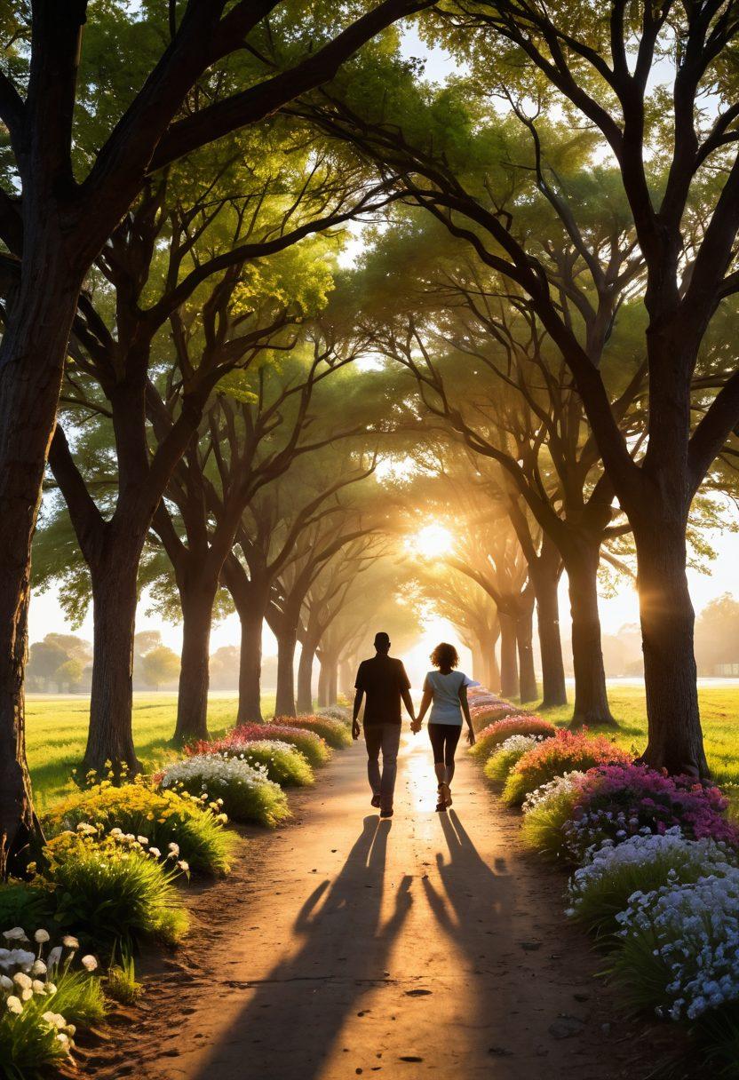 A radiant sunrise illuminating a path lined with blossoming flowers, symbolizing hope and redemption. In the foreground, a diverse group of smiling individuals, each with unique backgrounds, sharing laughter and stories of resilience. Silhouettes of calming trees providing shade and inspiration in the background. The atmosphere is uplifting and vibrant, conveying a sense of community and transformation. super-realistic. vibrant colors. soft focus.