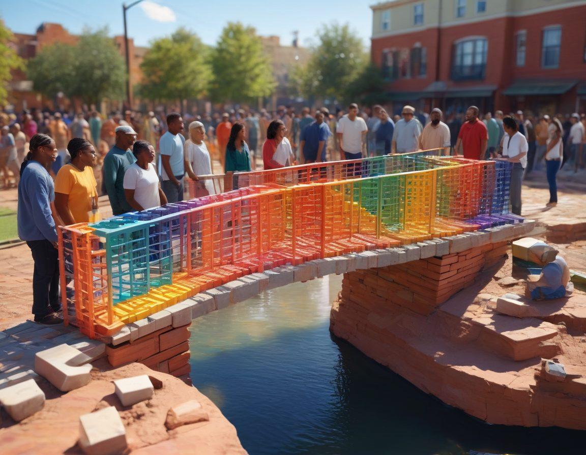 A vibrant community scene depicting diverse individuals collaborating to build a symbolic bridge made of colorful bricks, representing support and unity for felons in rehabilitation. Include elements like mentorship, workshops, and open conversations under a bright sky, showcasing hope and transformation. Capture emotions of joy and camaraderie. super-realistic. vibrant colors. 3D.