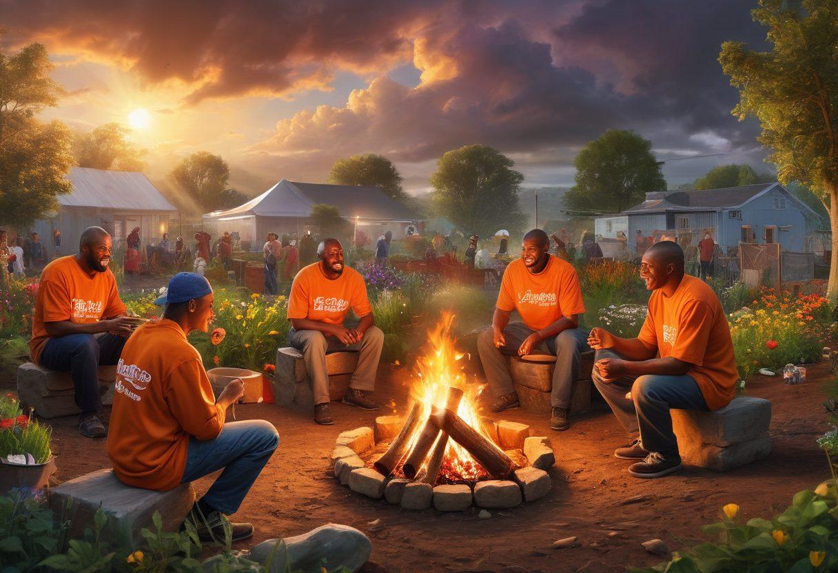 A vibrant scene depicting a diverse group of ex-convicts engaging in various uplifting activities, such as working in a community garden, painting, and sharing stories around a campfire. Sunlight breaks through dark clouds, symbolizing hope and transformation. The atmosphere is filled with warmth, inclusion, and joy, showcasing their journeys from gloom to glory. Use bright colors and dynamic poses to convey energy and optimism. super-realistic. vibrant colors. warm tones.